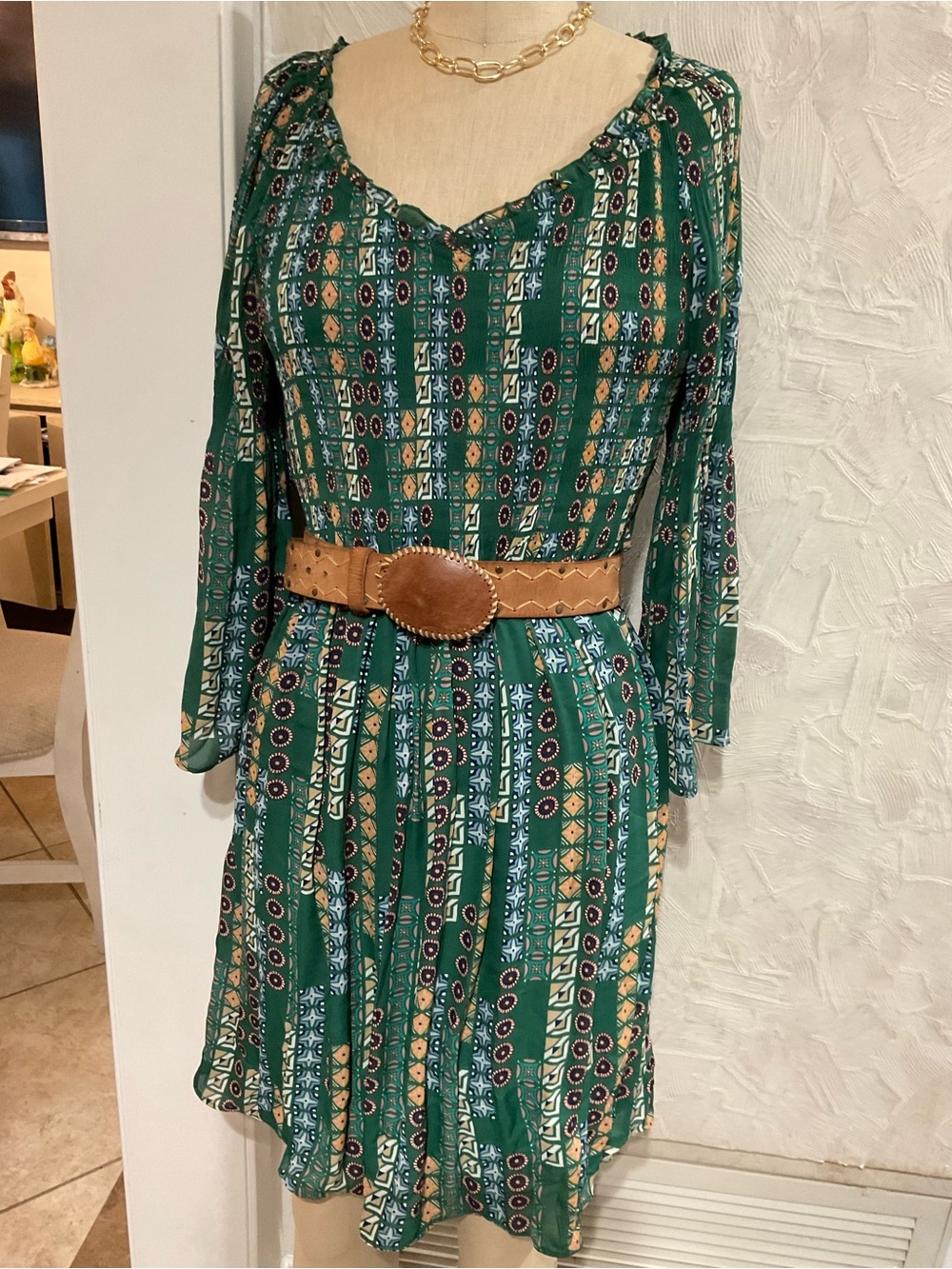Ninety Green Geometric Midi Dress with Tan Belt